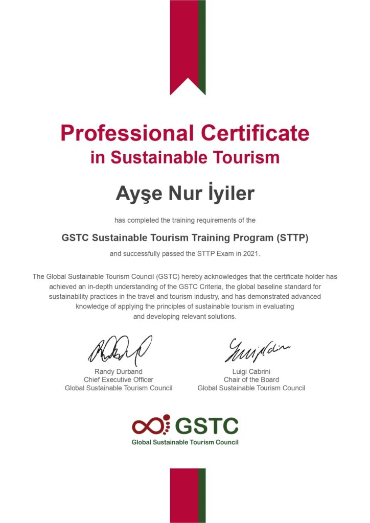 gstc küresel sürdürülebilir turizm eğitimi sertifikası ayşe nur iyiler
